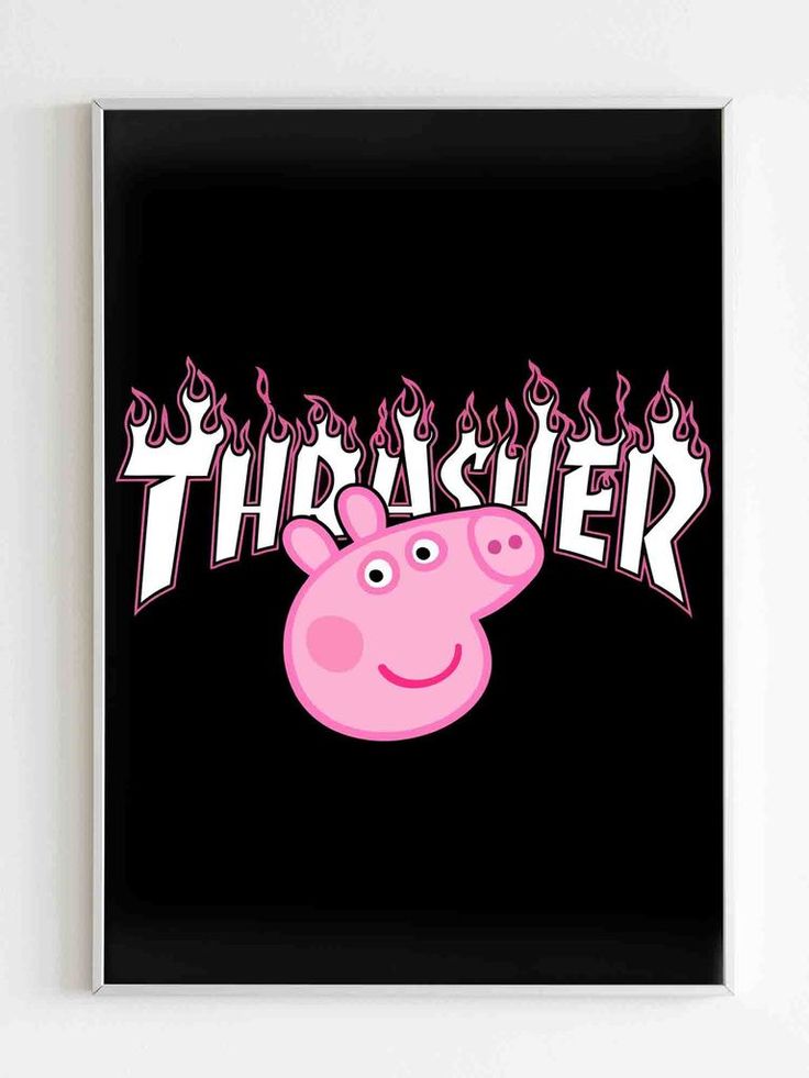 a pink pig with flames on it's head and the words thrash written in white