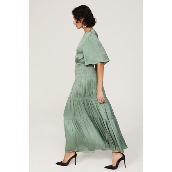 Green satin (100% Polyester). A-line. Short sleeves. V-neck. Pull on. 54" from shoulder to hemline. Imported. Chic V-neck Satin Dress For Fall, Satin A-line Midi Dress For Dinner, Silk Pleated V-neck Maxi Dress, Fall A-line Maxi Dress For Brunch, Elegant Short Sleeve V-neck Dress For Brunch, Spring Satin A-line Midi Dress, Chic A-line Silk Satin Dress, Formal Long V-neck Dress For Spring, Flowy V-neck Maxi Dress For Cocktail