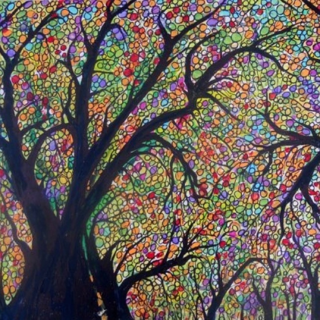 a painting of trees with colorful leaves on them