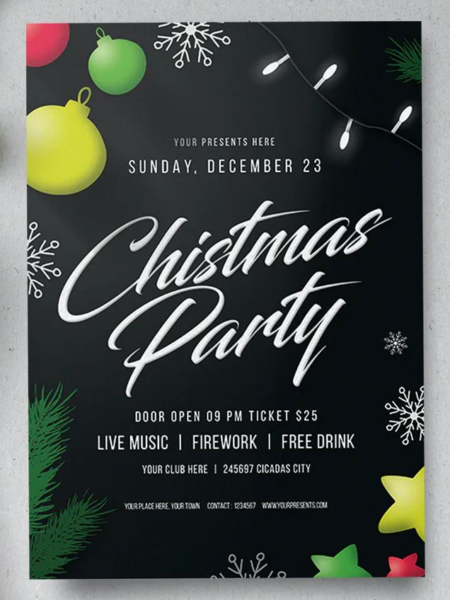 a christmas party flyer with ornaments and snowflakes on the dark background is shown