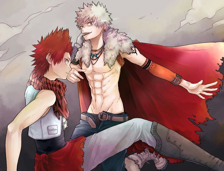 two anime characters one with red hair and the other without his shirt on, standing next to each other