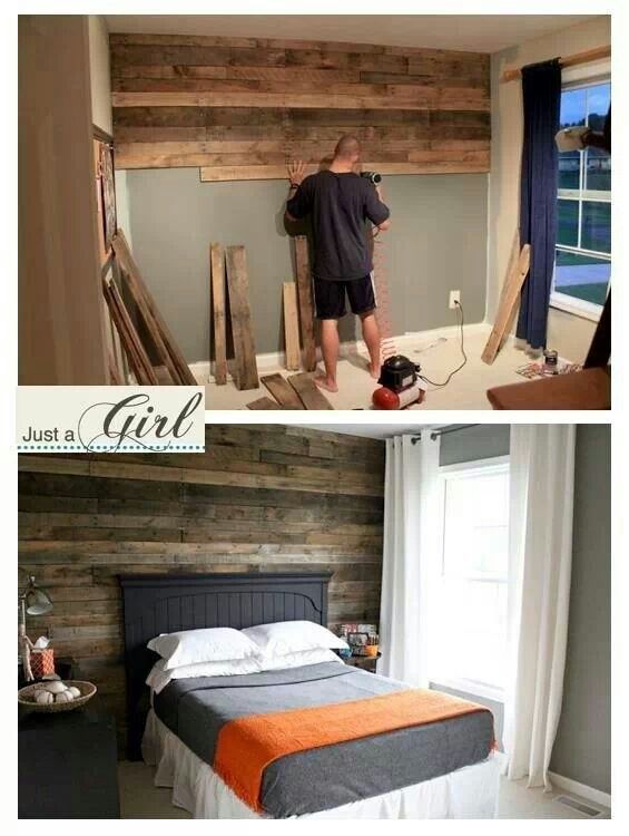 there are two pictures one has a bed and the other shows a man working on wood planks