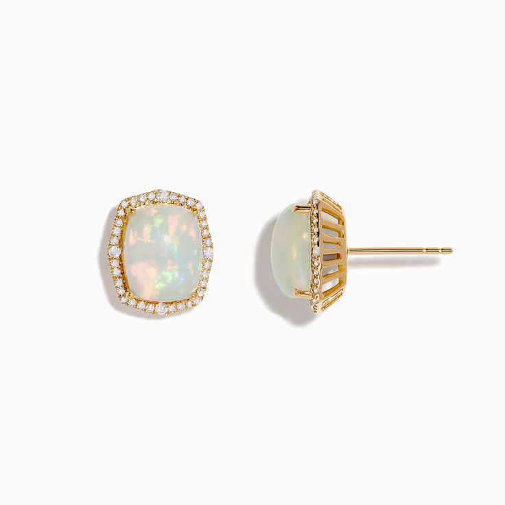 Effy Aurora 14K Yellow Gold Diamond and Opal Stud Earrings 14k Yellow Gold Gemstone Earrings, White 14k Gold Cluster Earrings For Formal Occasions, Formal White 14k Gold Cluster Earrings, Formal 14k Yellow Gold Bridal Earrings, Elegant 14k Gold Gemstone Earrings, Elegant 14k Gold Earrings With Gemstones, 14k Gold Halo Design Earrings, Fine Jewelry Yellow Gold Gemstone Earrings, 14k Gold Diamond Gemstone Earrings