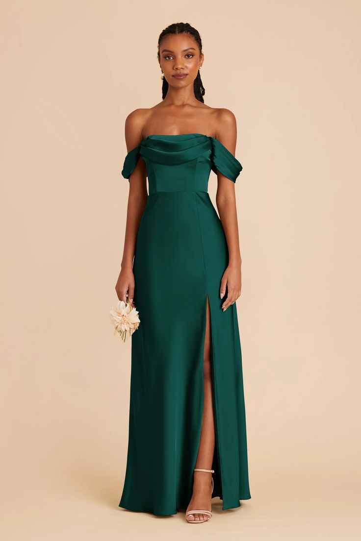 Mia Emerald Matte Satin Dress | Birdy Grey Emerald Bridesmaid Dress, Green Chiffon Bridesmaid Dress, Cowl Neck Gown, Emerald Bridesmaid, Forest Green Bridesmaid Dresses, Emerald Green Bridesmaid Dresses, Dark Green Bridesmaid Dress, Fairy Tale Romance, Bridesmaid Dress Chiffon