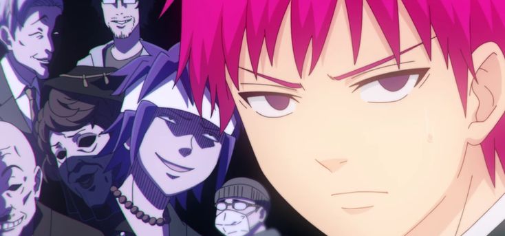 an anime character with pink hair surrounded by other characters