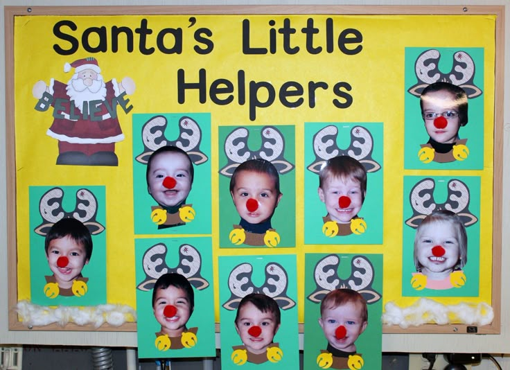 a bulletin board with pictures of santa's little helpers and reindeers on it