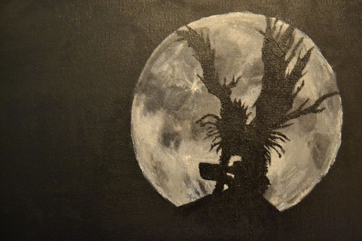 a black and white drawing of a tree with the moon in the background