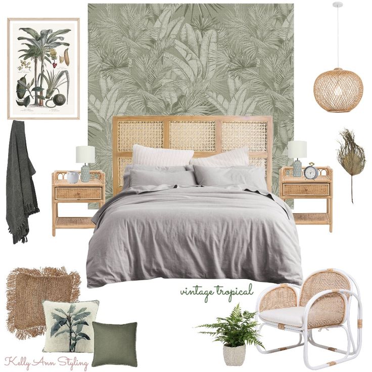 the bedroom is decorated in shades of green and grey, with palm leaves on the wall