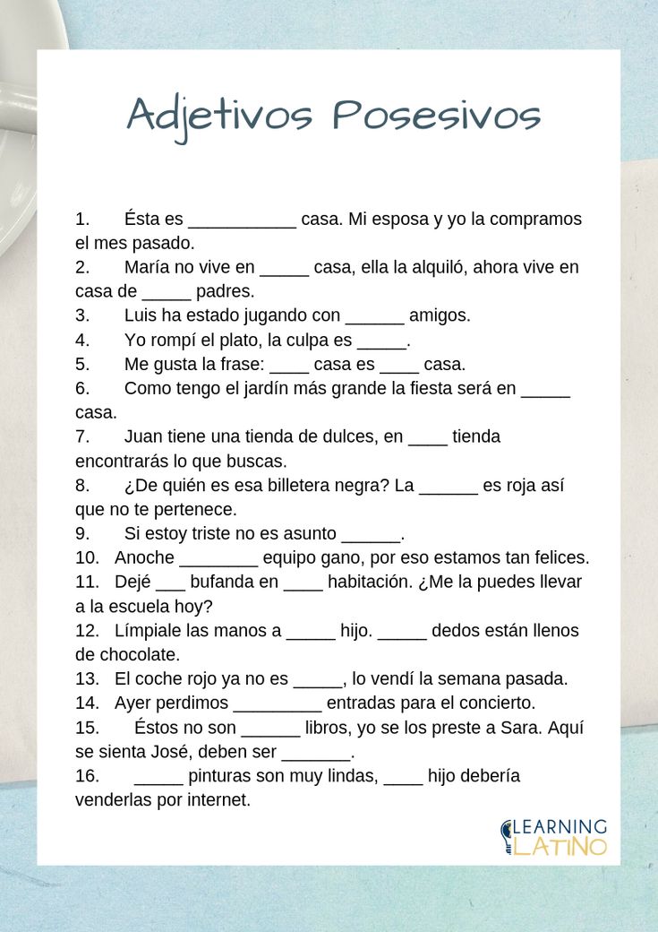 Possessive Adjectives Spanish Worksheets