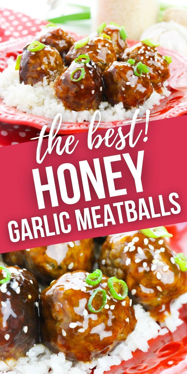 the best honey garlic meatballs on a red plate