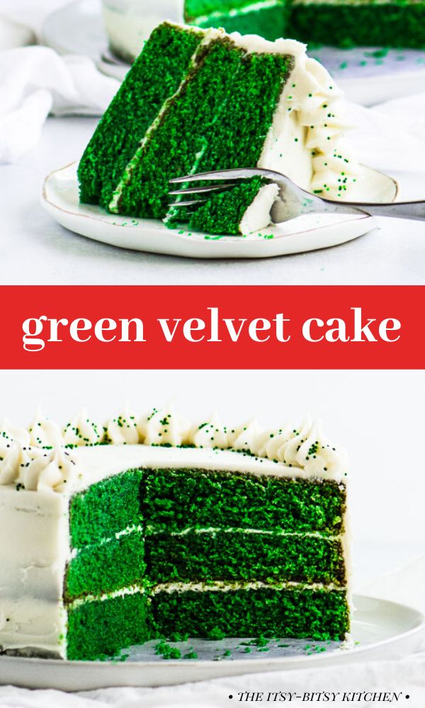 a green velvet cake with white frosting and sprinkles