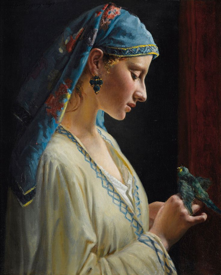 a painting of a woman holding a bird in her hand and wearing a blue headdress