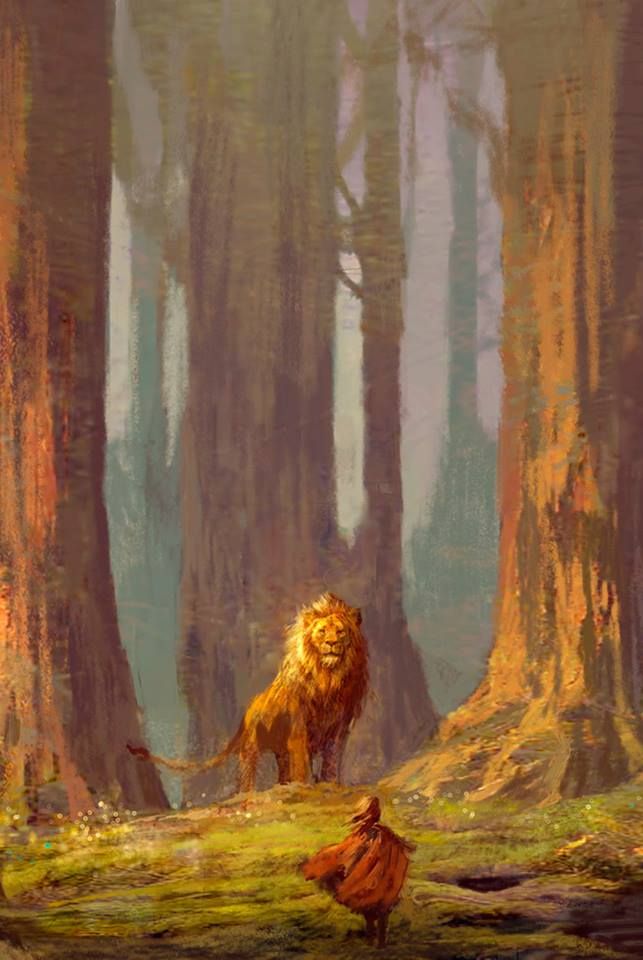 a painting of a lion in the middle of a forest with other trees and animals