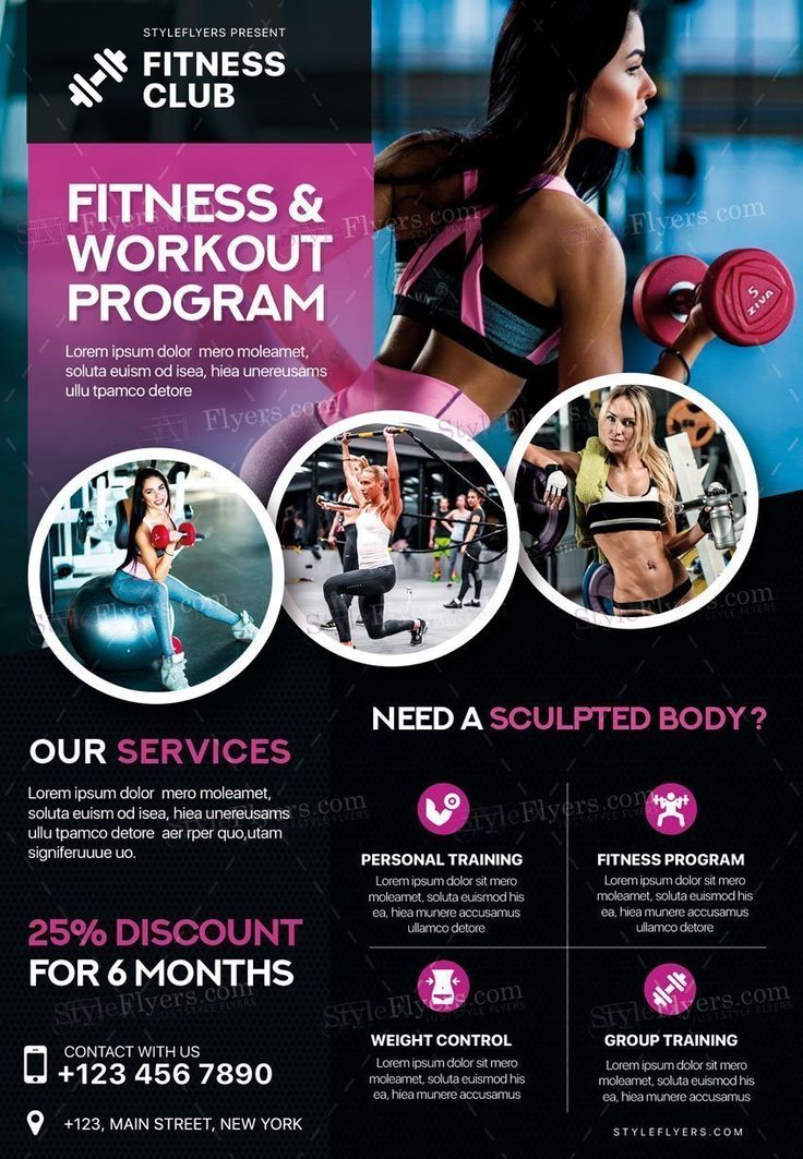 a flyer for a gym and fitness club with an image of a woman doing exercises