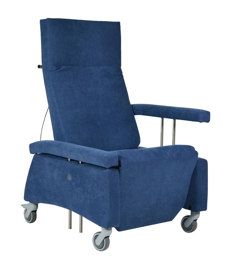 a blue reclining chair with wheels on it