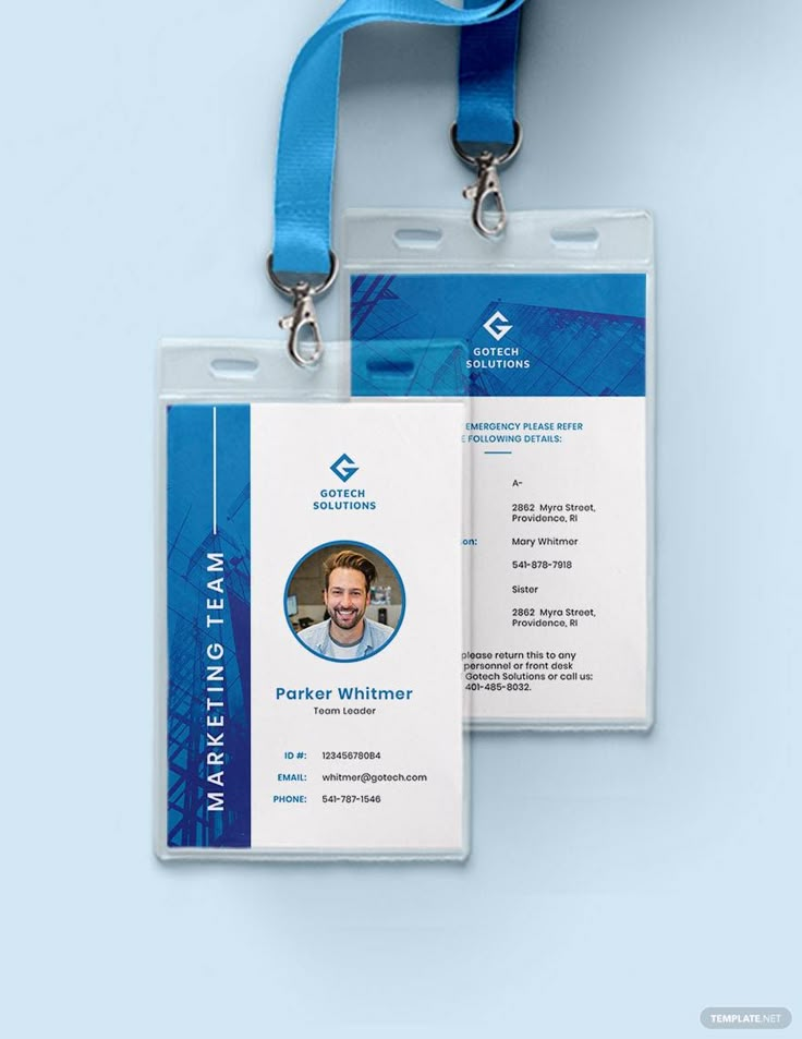 a blue and white id card with a lanyard