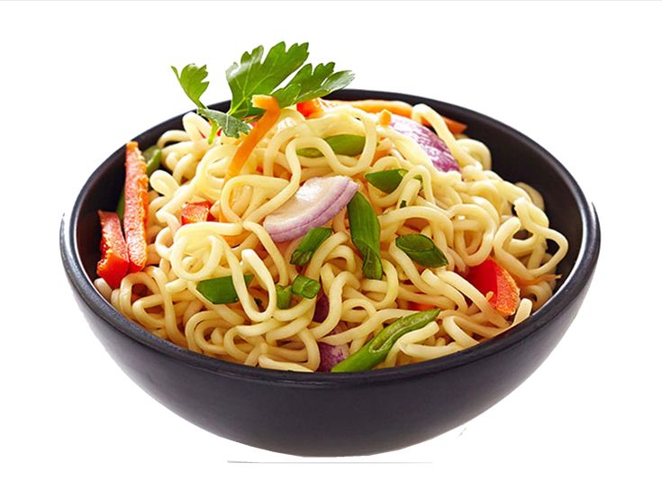 a black bowl filled with noodles and vegetables