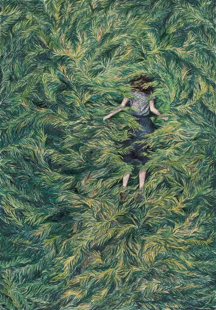 a painting of a person standing in the middle of trees