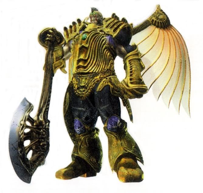 a toy figurine with wings and armor holding a large metal object in his hand