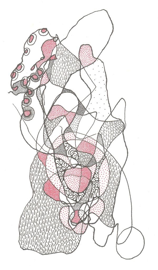 an abstract drawing with lines and dots in pink, white and grey colors on a white background