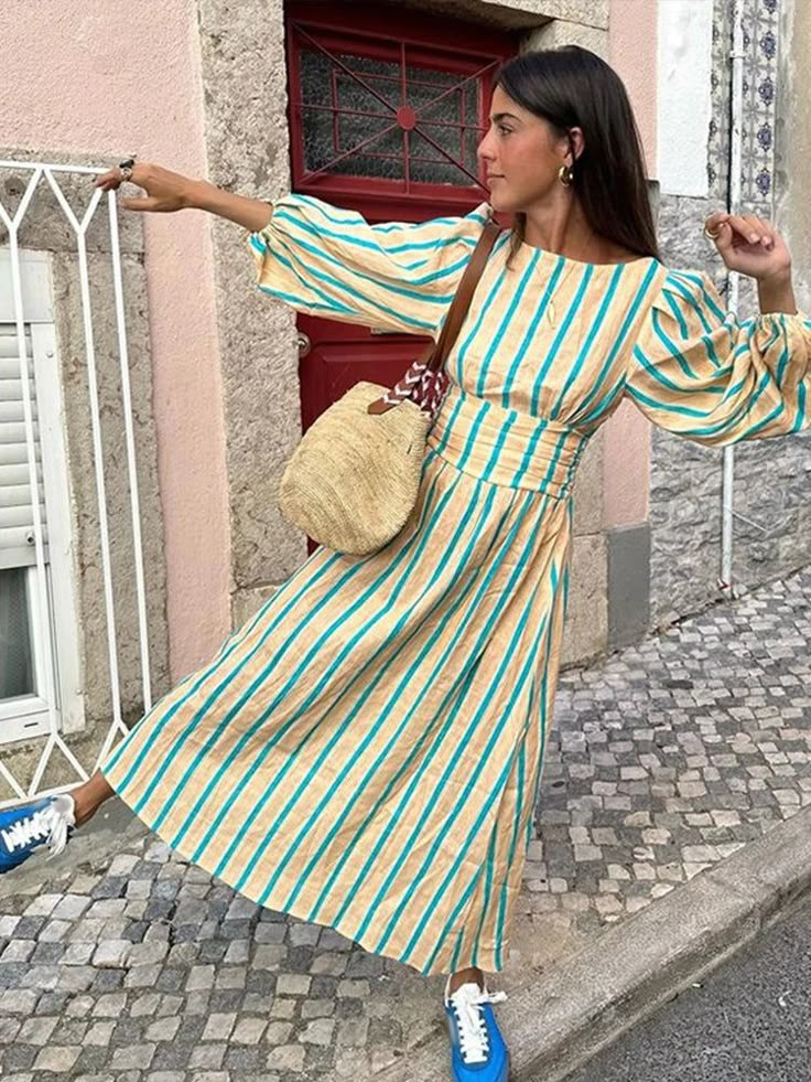 TAVIMART - Casual Stripes Long Dresses Women Loose Backless Lace Up Long Lantern Sleeve Dress Female Summer Fashion Streetwear Lady Measurement In CM size XS S M L bust[cm] 80 84 88 94 sleeve length [cm] 52 53 54 55.5 waist[cm] 68 72 76 82 hip[cm] 146 150 154 160 length[cm] 129 130 131 132.5 Note: 1 inch=2.54 cm Size mearsured by ourselves ,so sometimes it has 1-3cm mistakes. Please check the size carefully before you buy ;if you are not sure about size,please contact us first .Thanks! Long Striped Dress, Backless Long Dress, Streetwear Mode, Lantern Sleeve Dress, Dress Women Elegant, Linen Midi Dress, Striped Midi Dress, Casual Stripes, Womens Robes