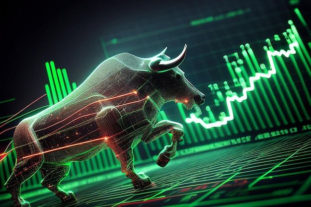 a bull is running on the floor in front of an upward graph line and bar chart