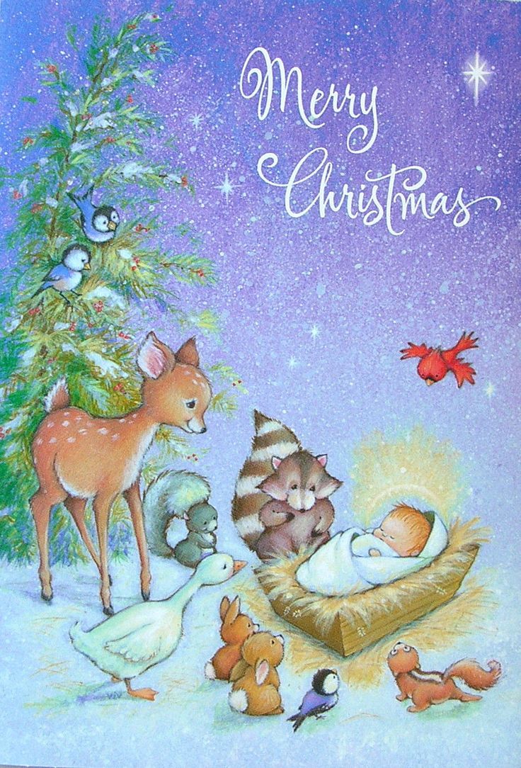 a christmas card with animals and a baby