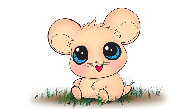 a cartoon mouse sitting in the grass with big blue eyes and one eye wide open