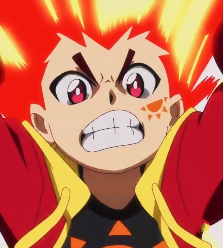 an anime character with red hair and big eyes holding his hands up in the air