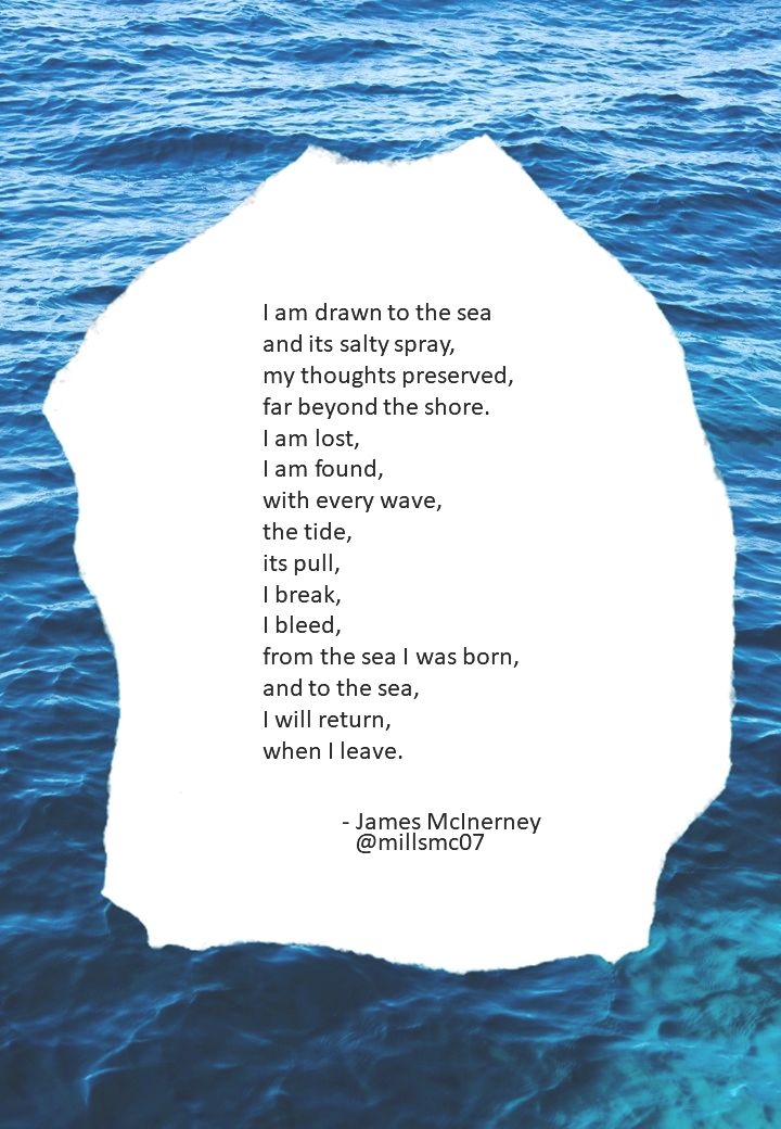 an iceberg floating in the ocean with a poem written on it that reads i am drawn to the sea and its salty sprayy