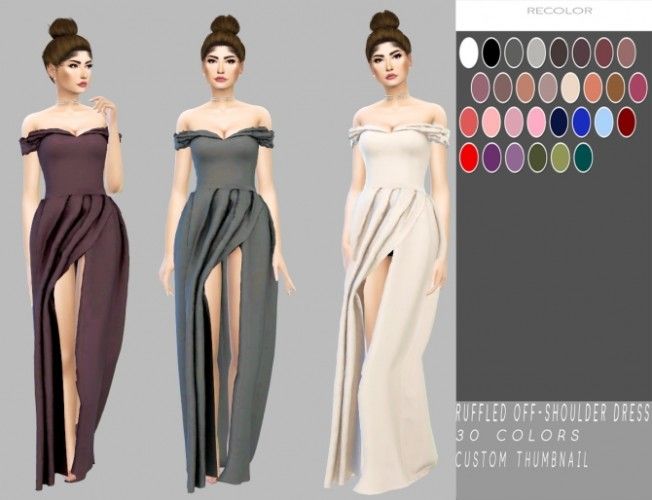 three different colored dresses with high slits on the sides, one in grey and one in white