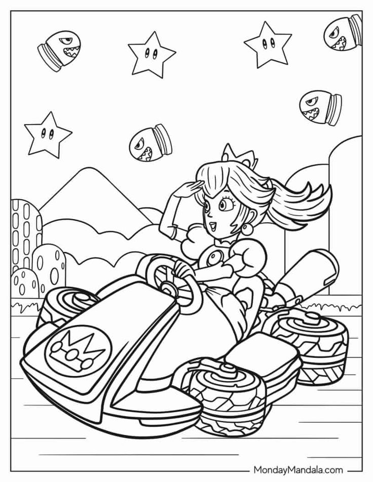 a cartoon girl driving a toy car with stars in the sky above her and other objects around