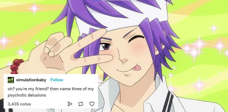 an anime character with purple hair is making a hand gesture to the camera while wearing a white shirt and red bracelet