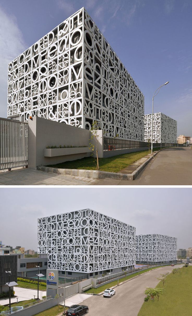 two pictures show the same building made out of letters