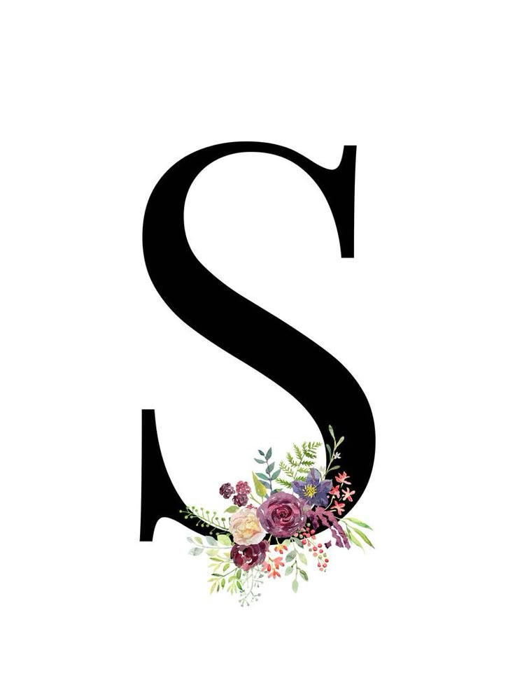 the letter s is decorated with flowers and greenery in black on a white background