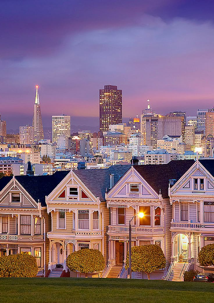 a row of houses in front of a city skyline at dusk with the lights on