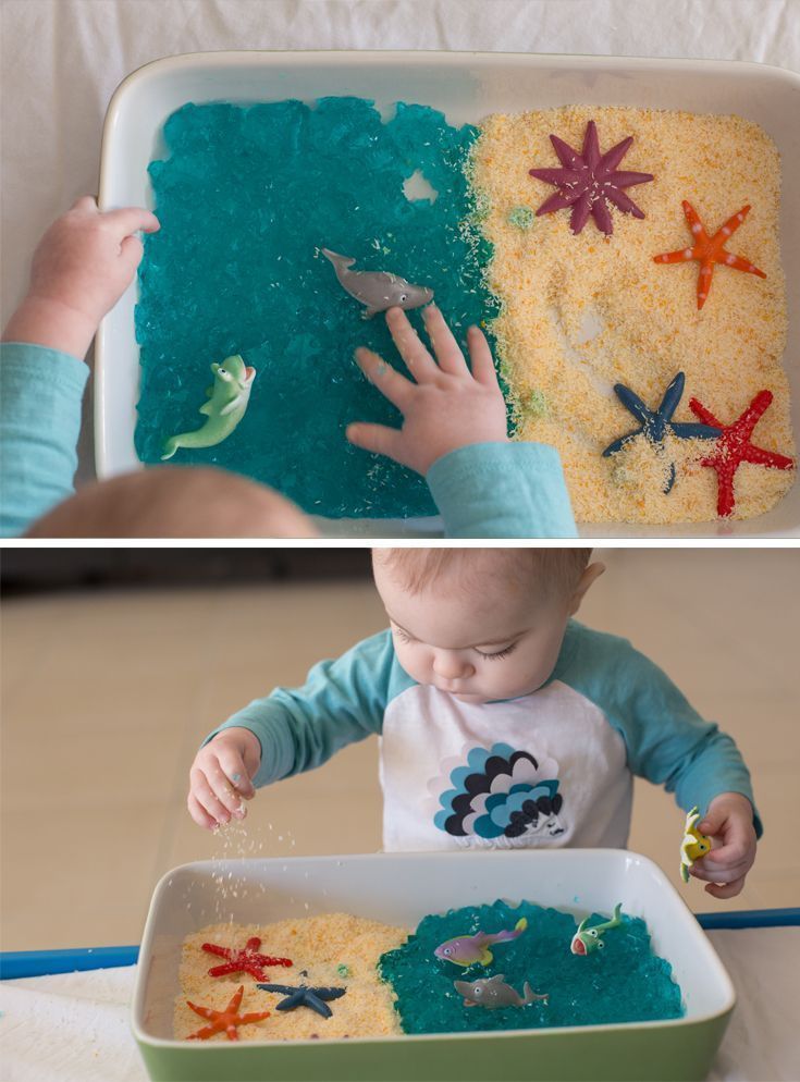 two pictures of a baby playing with sand and sea animals in the ocean, while another shows how to make it