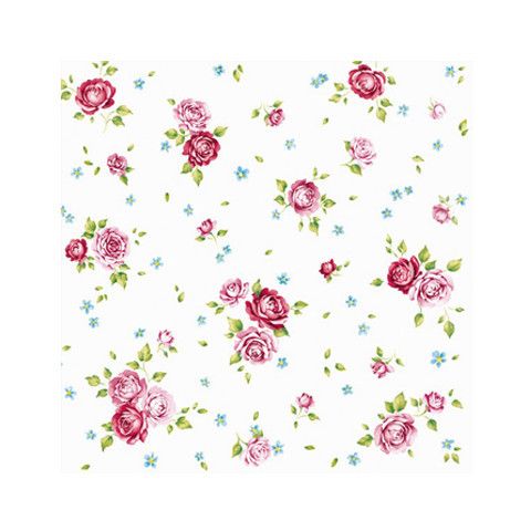 a white background with pink roses and blue flowers