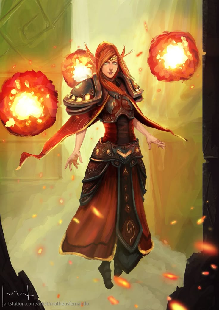 a painting of a woman with red hair holding two fire balls in her hand and wearing a brown dress