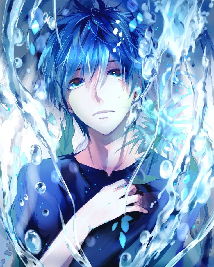 an anime character with blue hair and bubbles in the air, staring at something behind him