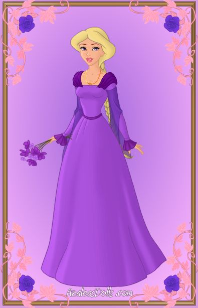 the princess in her purple dress is holding a flower and looking at the camera with an evil look on her face