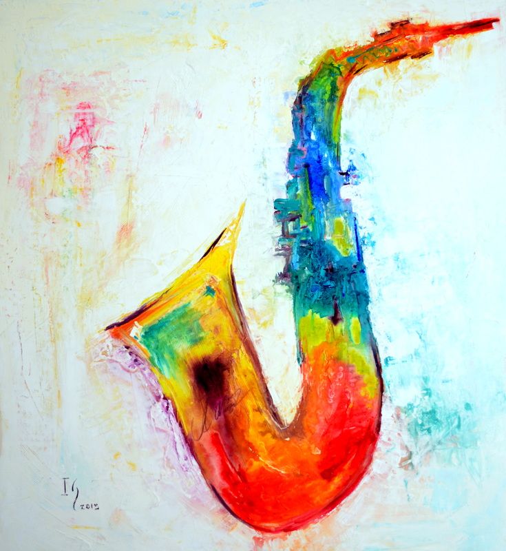 a painting of a colorful saxophone on a white background