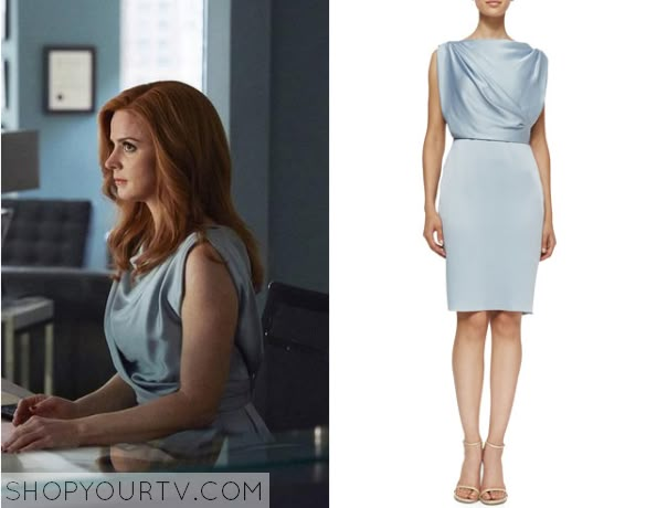 Suits: Season 5 Episode 3 Donna's Silk Wrap Dress Suits Wardrobe Jessica, Sarah Rafferty Style, Donna From Suits Outfits, Suits Tv Show Outfits, Suits Donna Outfits, Donna Paulsen Aesthetic, Suits Show Outfits, Donna Suits Outfits, Jessica Pearson Outfits