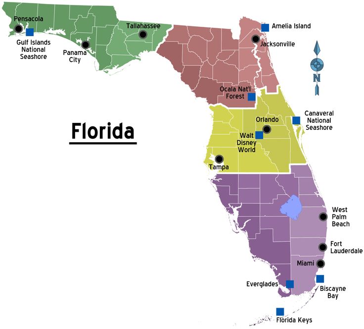 the florida map with all states and major cities in each country's county name