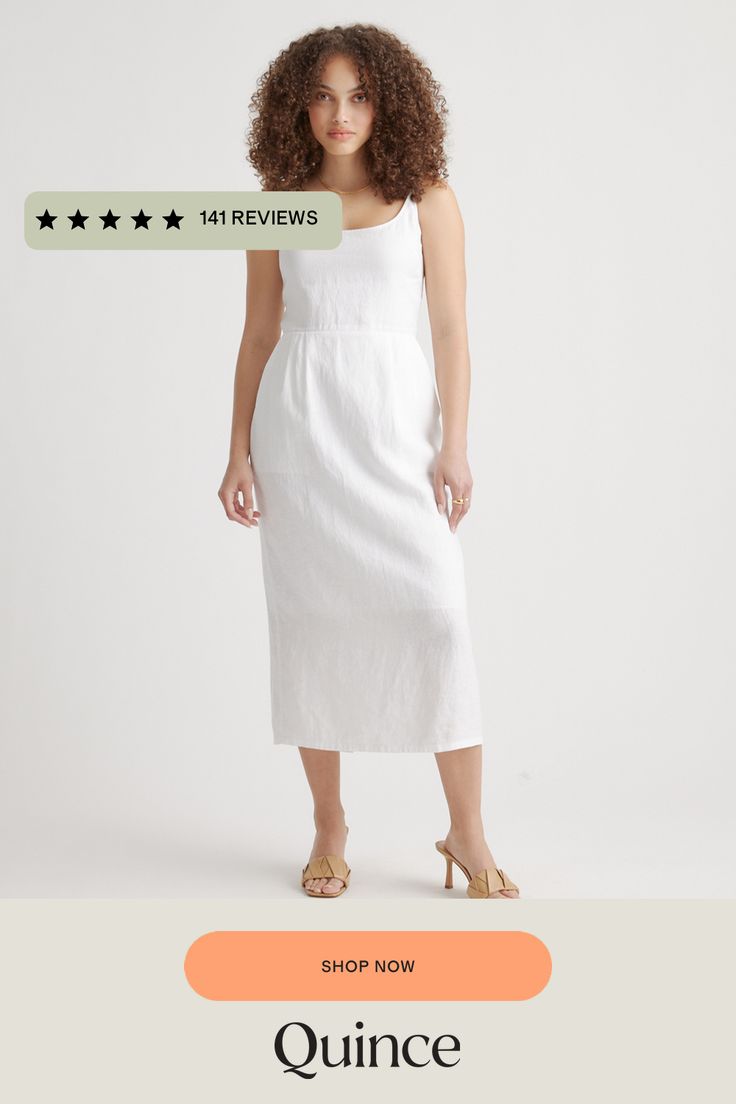 Crafted from the finest quality linen sourced from Europe, our 100% European Linen Scoop Neck Midi Dress is soft, breathable, and lightweight, making it the perfect choice for warm weather. The elegant scoop neck and midi length of the dress make it a versatile addition to any wardrobe. Whether you're dressing it up for a special occasion or keeping it casual for a day out, this dress is sure to turn heads.  | Quince | Women's 100% European Linen Scoop Neck Midi Dress in White, Size XS Summer Linen Dress For Brunch With Relaxed Fit, Summer Brunch Linen Dress Relaxed Fit, Linen Midi Dress For Brunch, White Linen Midi Dress With Straight Neckline, Casual Linen Midi Dress For Brunch, Casual Midi Dress With Straight Neckline For Daywear, White Casual Midi Dress With Straight Neckline, Casual White Midi Dress With Straight Neckline, Daywear Linen Midi Dress With Straight Neckline