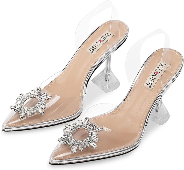 Amazon.com | wetkiss Women's Clear Heels Shoes, Transparent PVC Crystal Rhinestones Slingback Wedding Pointed Toe High Heel Sandals for Women Ladies Female -Sliver Sunflower 3.94" | Heeled Sandals Wedding Heels Closed Toe, Sparkly Heels Wedding, Flare Heels, Sparkly Wedding Heels, Shoes For Bridal, Silver Open Toe Heels, Clear Heel Shoes, Silver Rhinestone Heels, Heels Closed Toe