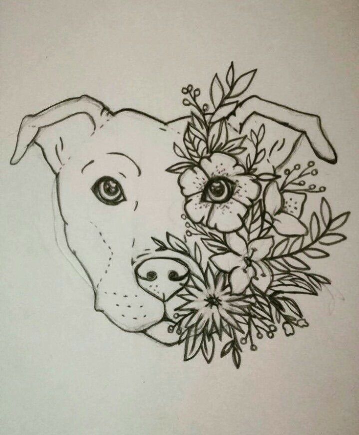 a drawing of a dog with flowers in its mouth