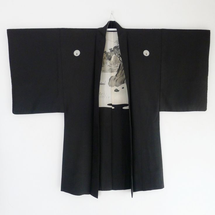 Authentic Japanese Haori for men, Informal kimono jacket, Black silk, wall decor Brown Kimono, Japanese Haori, Cute Kimonos, Silk Kimono Jacket, Painted Silk, Hand Painted Silk, Silk Kimono, Japanese Fabric, Kimono Jacket