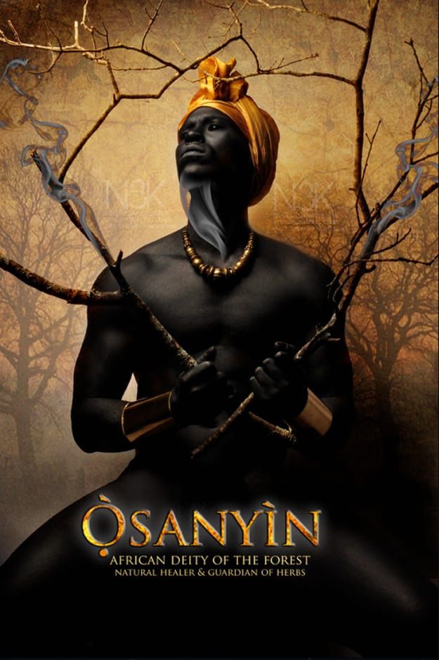 an african god of the forest with two swords in his hands and wearing a turban