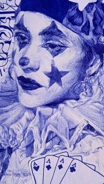 a drawing of a clown with playing cards